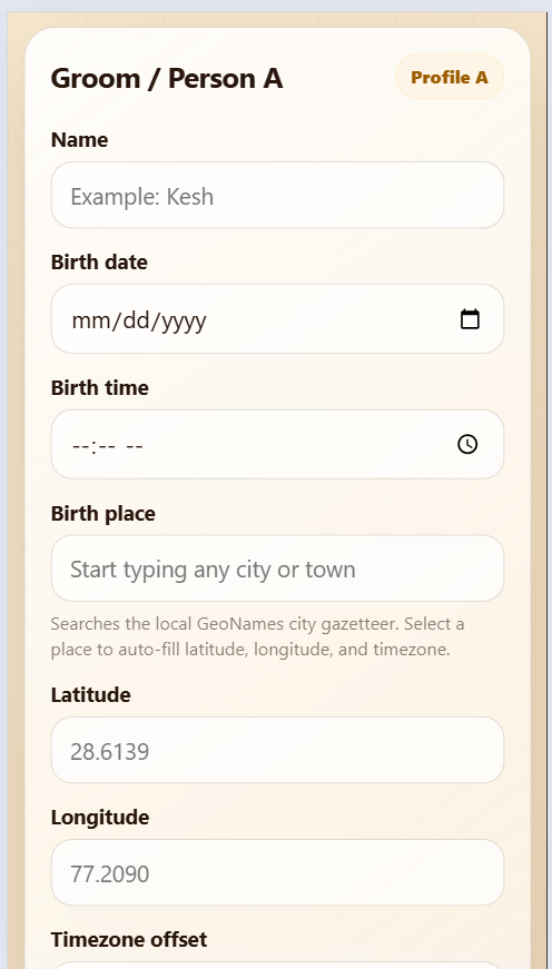 Advanced Kundli match calculator showing Guna Milan, Rashi, Nakshatra, Manglik Dosha, and birth chart compatibility details