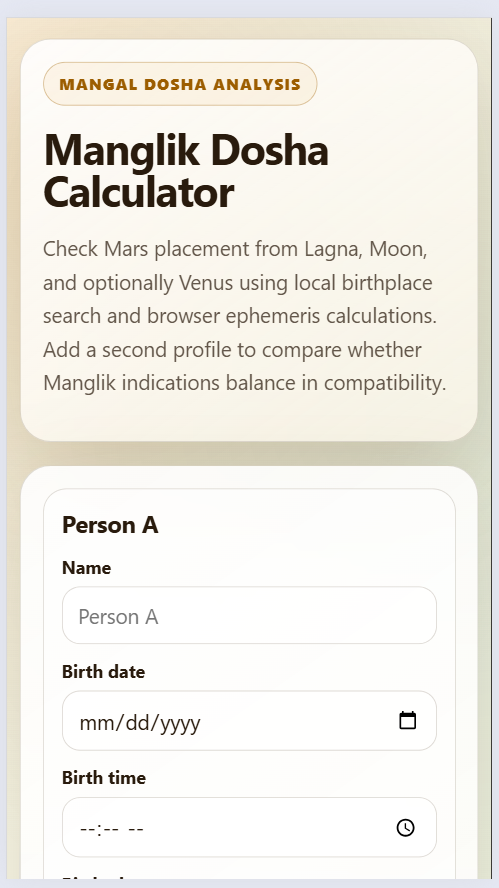 Manglik Dosha Calculator app showing Vedic astrology Mars dosha analysis, compatibility guidance, and rashi charts