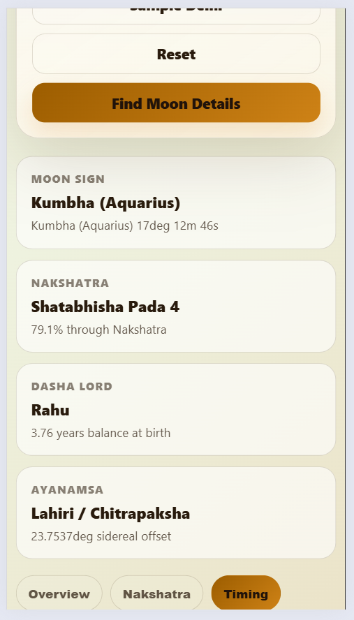 Moon Sign and Nakshatra Finder app showing Vedic astrology birth details, Janma Rashi, Nakshatra, Pada, and report export options