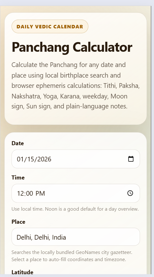 Panchang Calculator app showing daily Vedic calendar results for Tithi, Nakshatra, Yoga, Karana, and Rashi