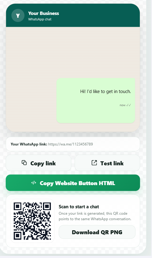 WhatsApp Link Generator for creating click-to-chat links, pre-filled messages, and QR codes