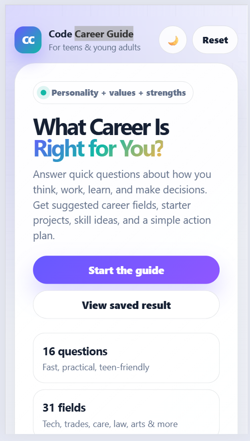 Career guide quiz app showing suggested career fields for teens and young adults