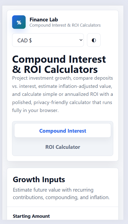 Compound Interest and ROI calculator showing investment growth, returns, and financial planning results