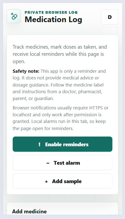 Medication log app showing pill reminder times, taken checkboxes, and daily medicine tracking