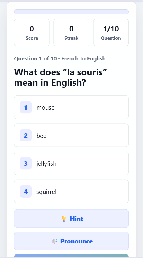 French Animals MCQ quiz app with animal vocabulary, multiple-choice answers, pronunciation, and score tracking