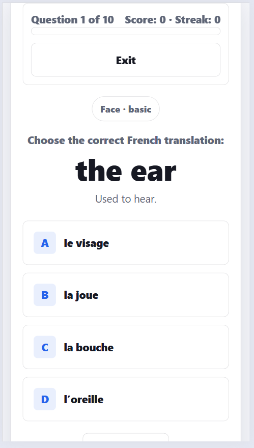Interactive French body parts multiple-choice quiz with vocabulary practice and pronunciation support