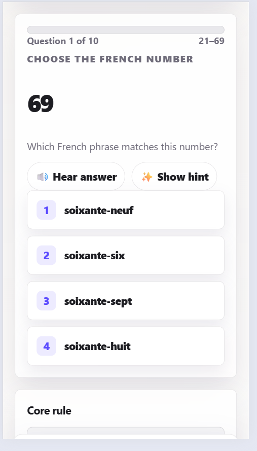 French numbers multiple-choice quiz with score tracking and pronunciation practice