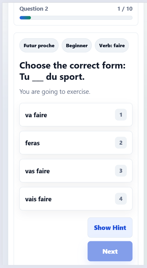 French verbs multiple-choice quiz app with conjugation practice, hints, progress tracking, and light/dark mode