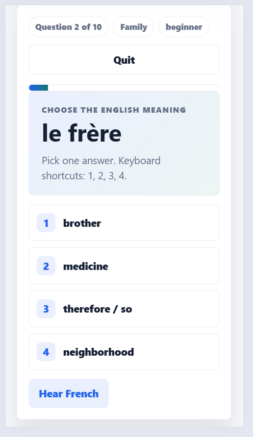 French vocabulary MCQ quiz app with topic filters, score tracking, and light or dark mode