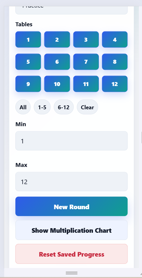 Times tables practice app with multiplication quiz, progress tracking, and light dark mode