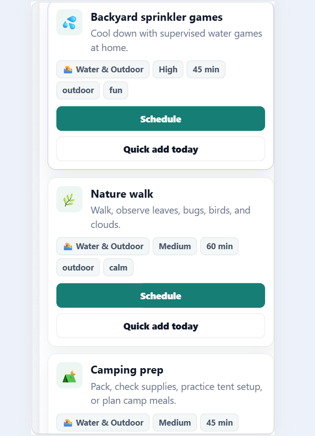 Kids summer planning app with activity categories, schedules, calendar view, and progress tracking