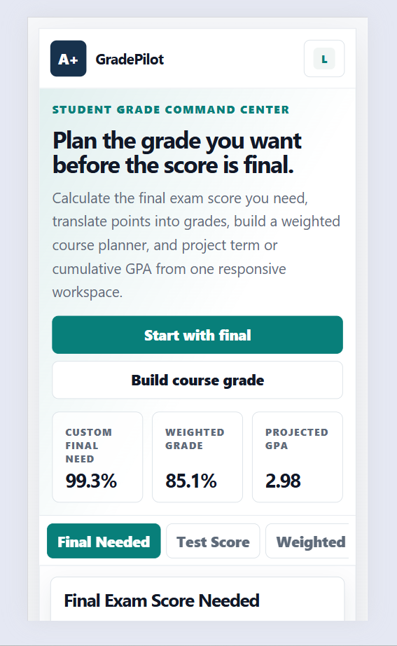 Test Grade and GPA calculator app showing final exam score, class grade, and GPA planning tools