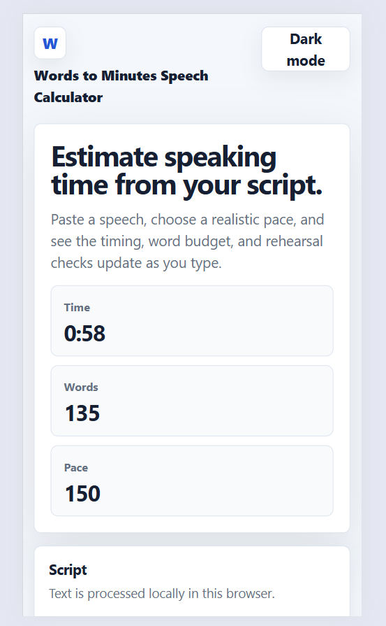 Speech calculator app estimating presentation time from pasted text and speaking speed