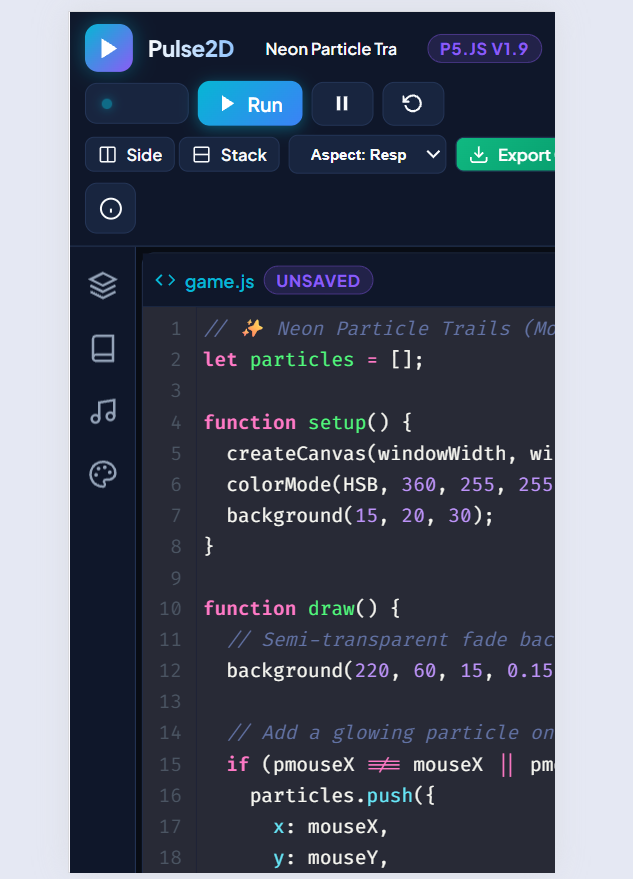 Code 2D Web Games editor with JavaScript code, game templates, and a playable preview.