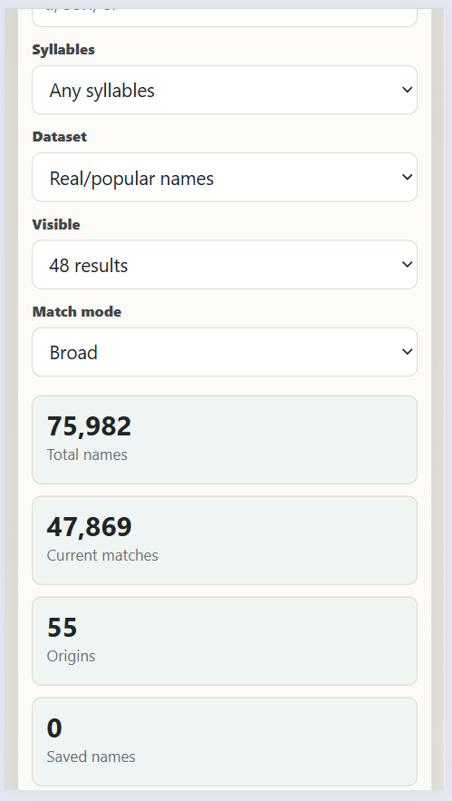 Baby Name Finder app showing filters for names by origin, meaning, gender, language, and style