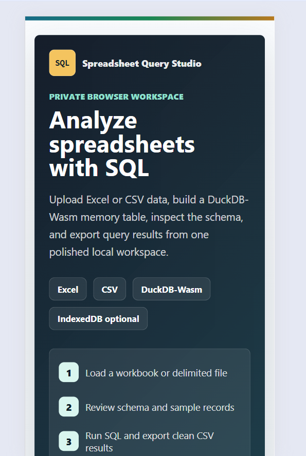 Excel SQL Explorer app for querying Excel and CSV files with SQL in the browser