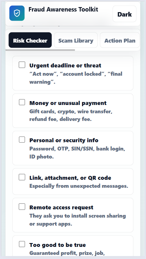 Fraud awareness toolkit showing scam risk checker and safety action plan interface