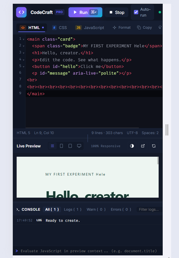 HTML, CSS, and JavaScript editors with a live web page preview