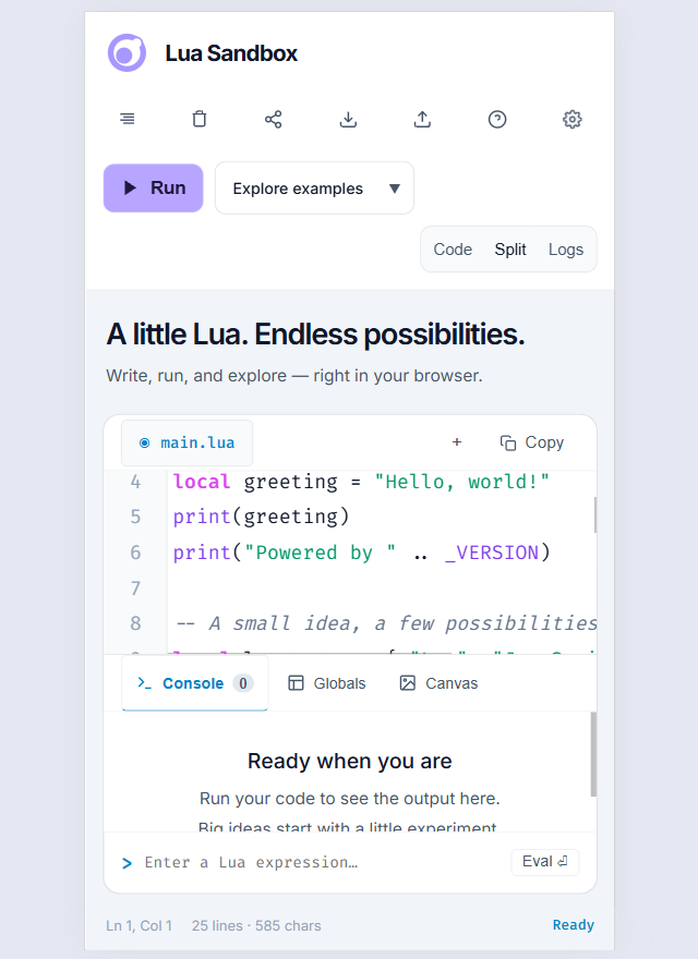 Lua Sandbox editor with Lua code and console output