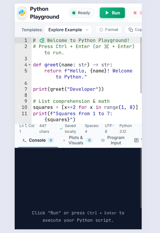 Python Playground with a code editor, Run button, and output panel