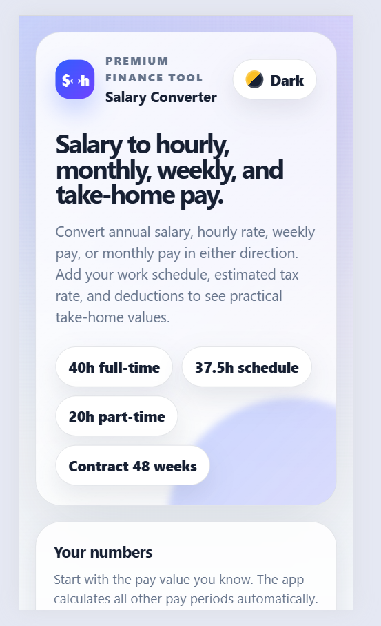 Salary to hourly converter app showing pay estimates and take-home income