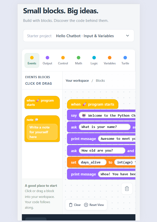 Scratch to Python Studio with visual coding blocks, generated Python code, and an output panel