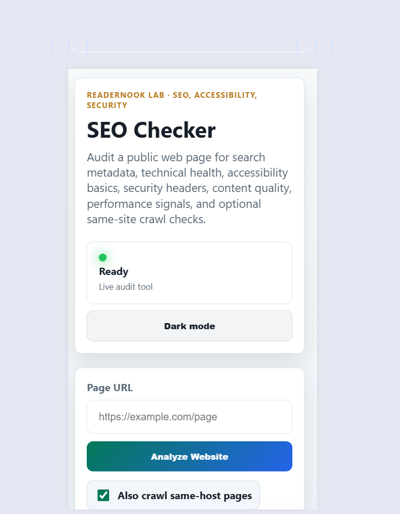 ReaderNook Lab SEO Checker audit dashboard